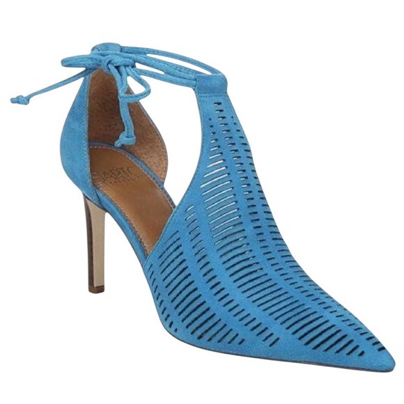 SARTO By Franco Sarto Krista Leather Teal Blue Ankle Lace Cutout Pumps Heels - Picture 1 of 16